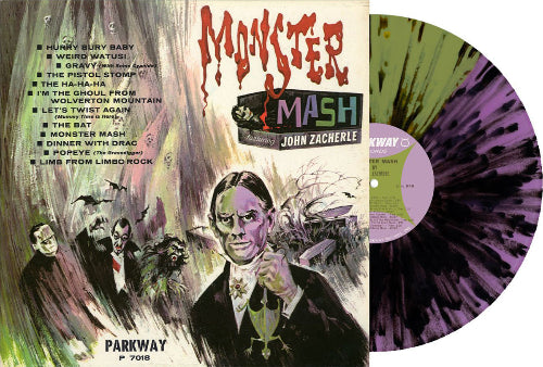 John Zacherle - Monster Mash album cover and purple/green split and black splatter vinyl.