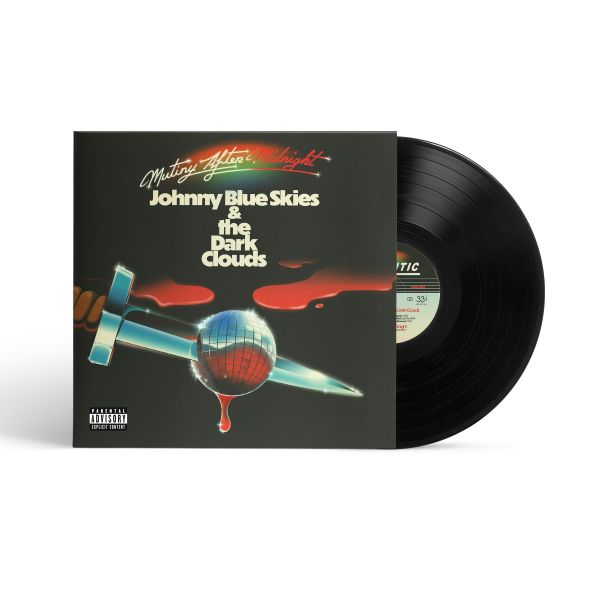 Black vinyl record with Johnny Blue Skies "Mutiny After Midnight" album cover featuring airplane and colorful design on a white background