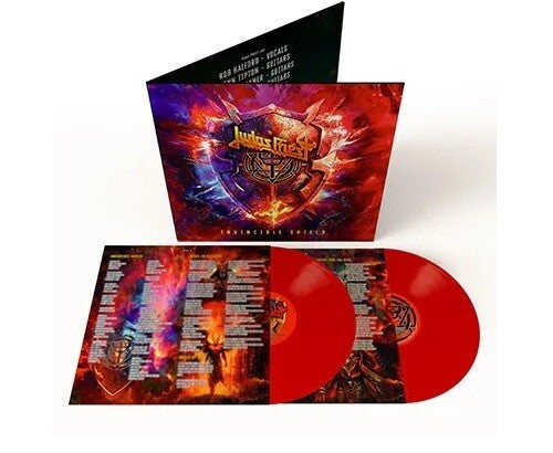 Judas Priest - Invincible Shield album cover, lyric inserts, and 2LP red vinyl.