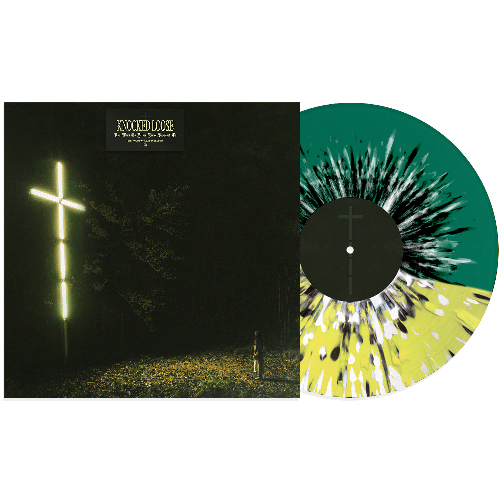 Knocked Loose - You Won't Go Before You're Supposed To album cover and half green half yellow with black/white splatter vinyl.