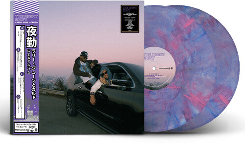 Larry June & Cardo - Night Shift album cover and 2LP cotton candy skies vinyl.
