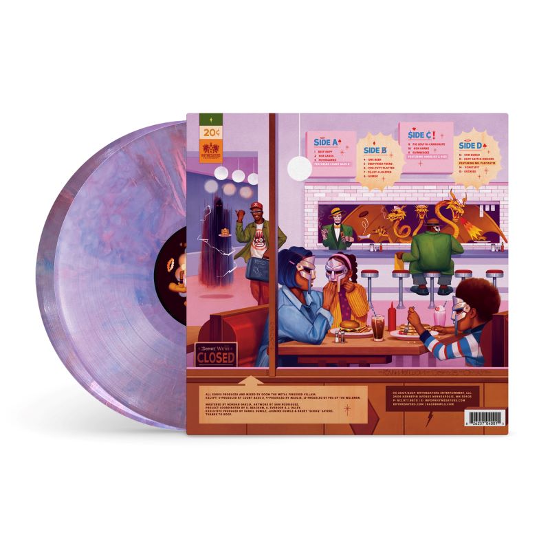 MF DOOM "Mm..Food" 20th anniversary edition album cover back shown with 2 light purple "sweet tart" marble swirl colored vinyl records