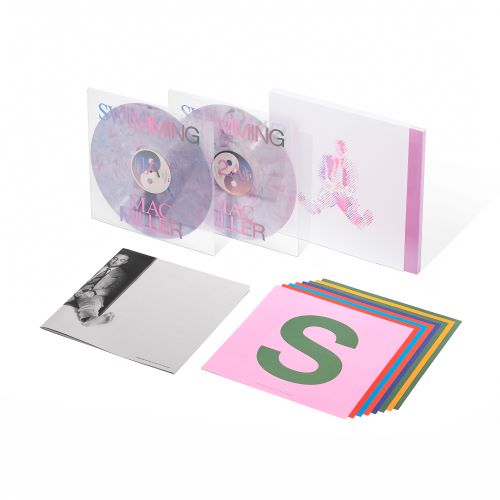 Mac Miller - 5 year anniversary edition album cover with 2 swirl color vinyl records, a folded poster, and a stack of multi-colored lyric sheets