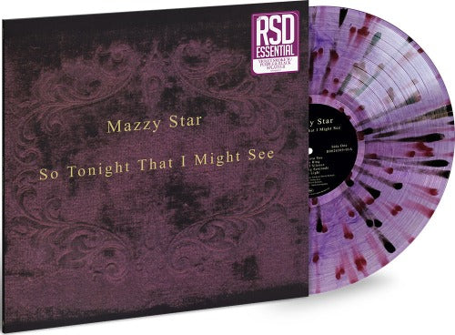 Mazzy Star - So Tonight That I Might See album cover shown with a light violet colored vinyl record with purple and black splatter