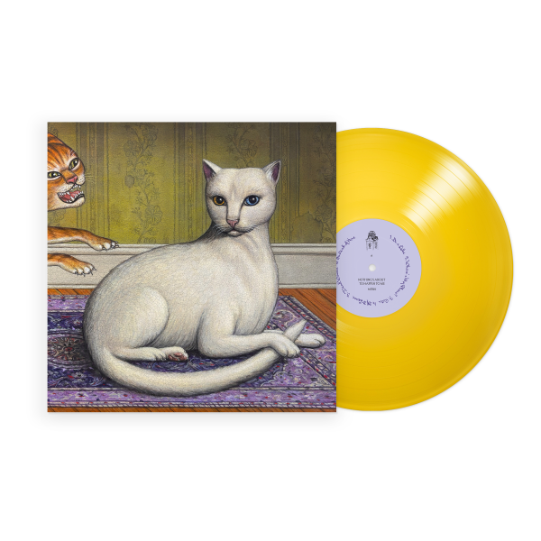 Mitski "Nothing's About to Happen to Me" album cover with a cat illustration on the cover, shown with a Yellow vinyl record