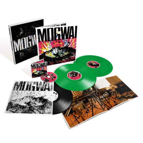 Mogwai "The Bad Fire" album cover shown with 2 green colored vinyl records, one black vinyl record, a bonus CD plus a booklet