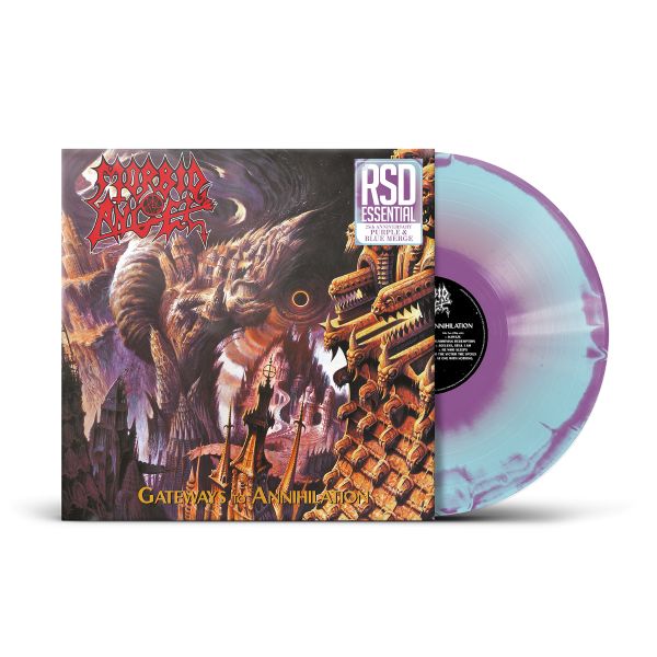 Morbid Angel "Gateways to Annihilation" album cover shown with a blue and purple swirl colored vinyl record