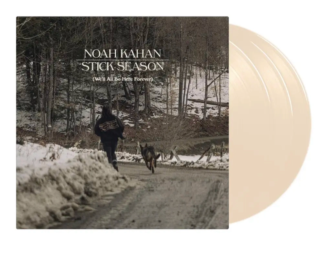 Noah Kahan - Stick Season (We'll All Be Here Forever) album cover and 3LP bone colored vinyl.