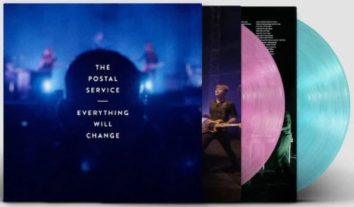 Postal Service - Everything Will Change album cover, lavender vinyl, & blue vinyl.