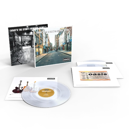 Oasis - (What’s The Story) Morning Glory? album cover and 3LP clear vinyl.