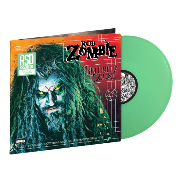 Rob Zombie "Hellbilly Deluxe" album cover shown with a glow-in-the-dark colored vinyl record
