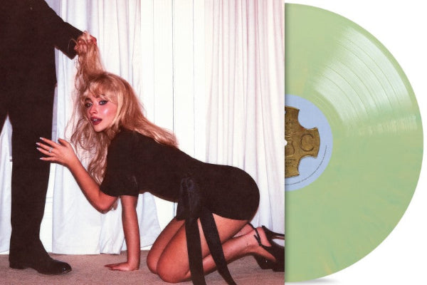 Sabrina Carpenter "Man's Best Friend" album cover shown with a sea foam colored vinyl record