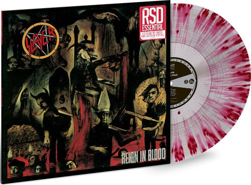 Slayer - Reign In Blood album cover with RSD Essential clear w/ red splatter vinyl.