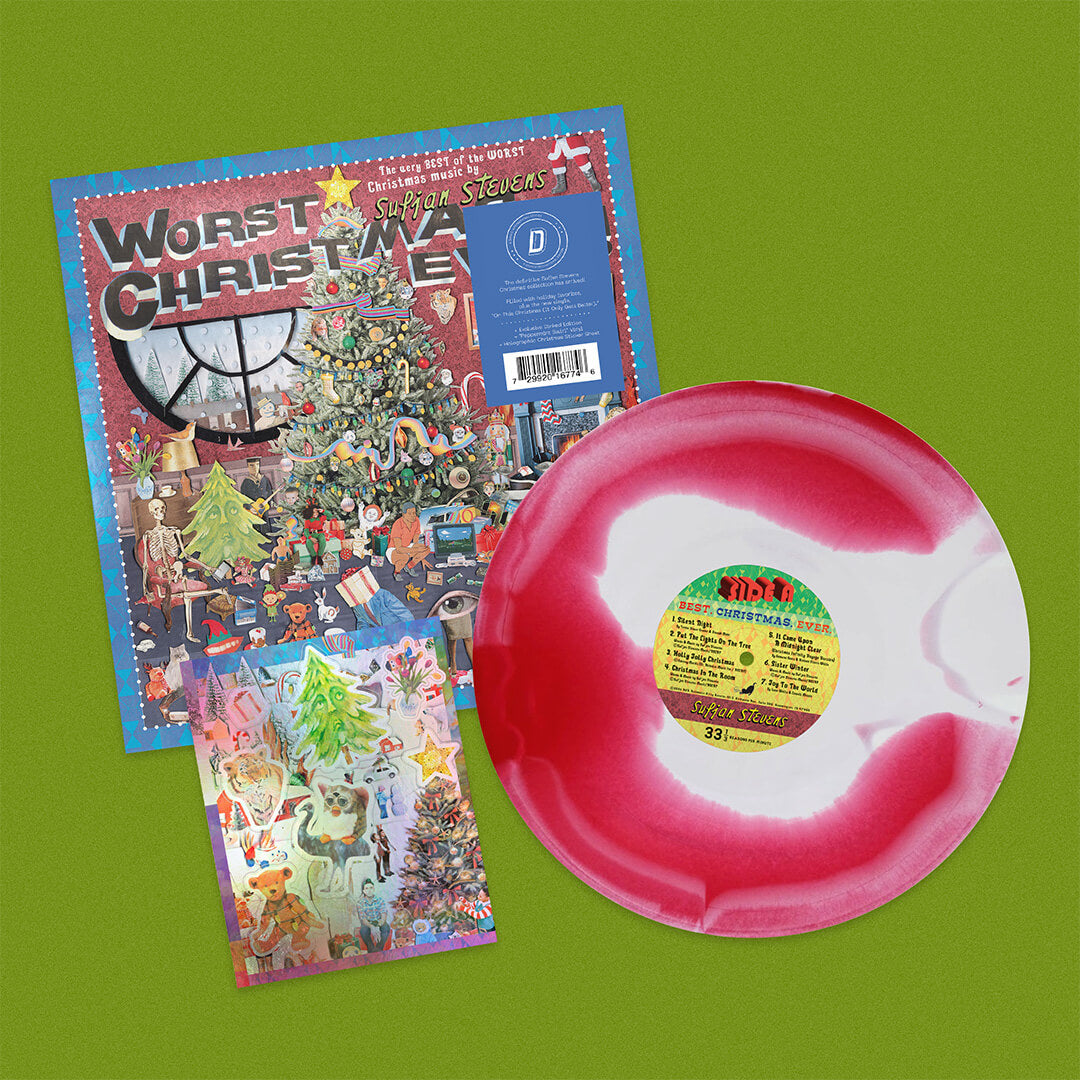 Sufjan Stevens "Worst Christmas Ever" album cover shown with a red and white swirl colored vinyl record, plus a holographic sticker sheet