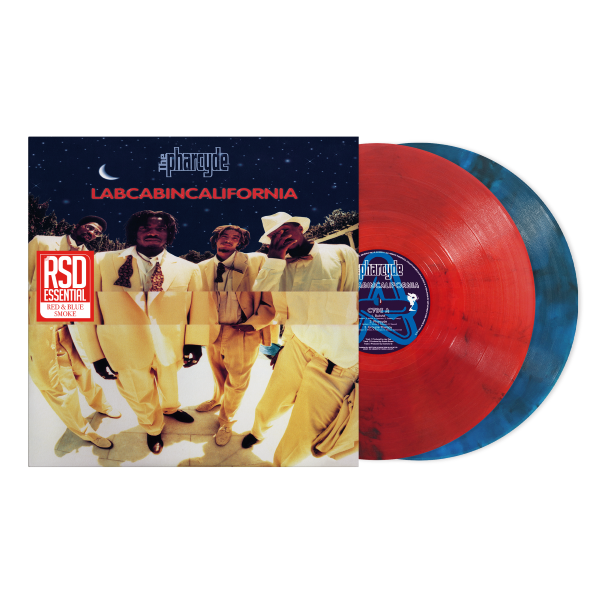 The Pharcyde "labcabincalifornia" album cover shown with one red and one blue smoke colored vinyl record