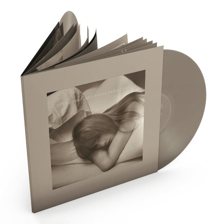 Taylor Swift - The Tortured Poets Department album cover shown with 2 Beige Vinyl records and booklet in the record gatefold