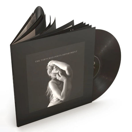 Taylor Swift - The Tortured Poets Department album cover shown with 2 Charcoal Vinyl records and booklet in the record gatefold