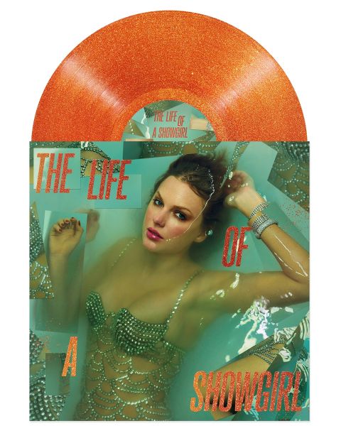 Album cover with Taylor Swift in a glamorous pose and text 'The Life of a Showgirl', shown with an orange glitter colored vinyl record