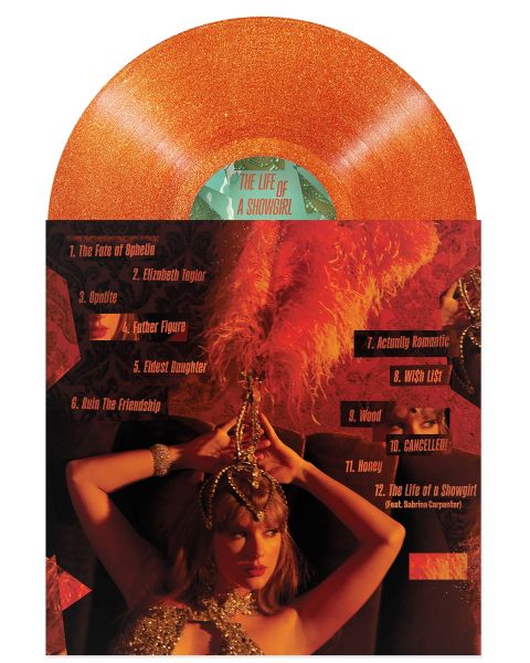 Back cover of Taylor Swift "The Life of a Showgirl", shown with an orange glitter colored vinyl record