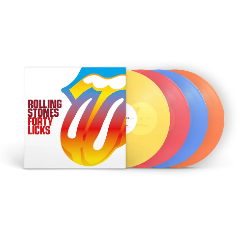 Rolling Stones - Forty Licks album cover and 4LP yellow, red, blue, and orange vinyl