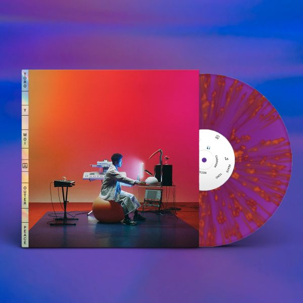 Toro Y Moi "Outer Peace" album cover shown with a purple with orange splatter colored vinyl record