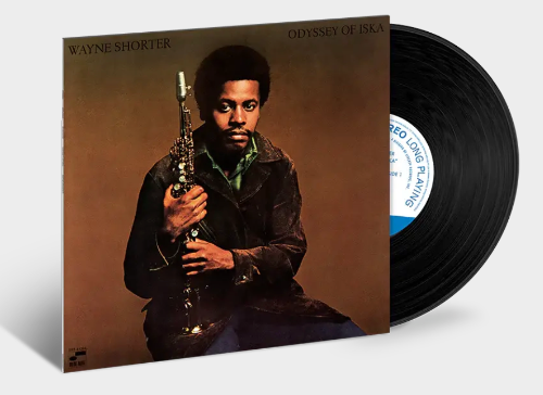 Wayne Shorter - Odyssey Of Iska album cover and black vinyl.