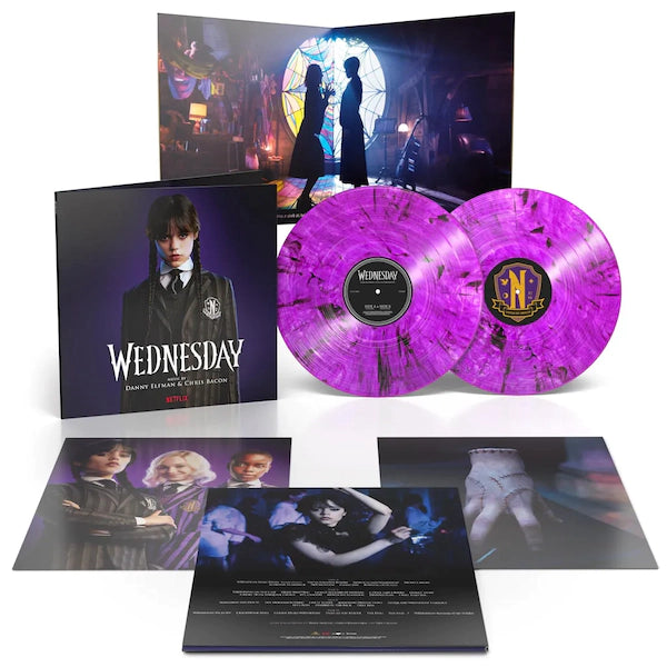 Danny Elfman - Wednesday album cover, 2LP purple vinyl, and inserts.