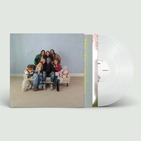 Wet Leg "moisturizer" family photo album cover shown with a clear colored vinyl record