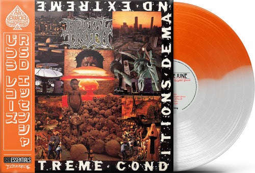 Brutal Truth - Extreme Conditions album cover and white/orange vinyl.