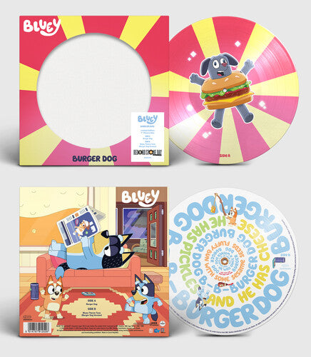 Burger Dog / Bluey Theme Tune album cover with 7 inch vinyl picture disc