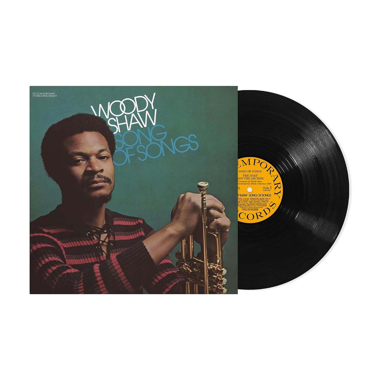 Woody Shaw 'Songs of Songs' vinyl record album with image of Woody Shaw in a striped shirt holding a trumpet and the black LP record partially visible on the right against a white background.