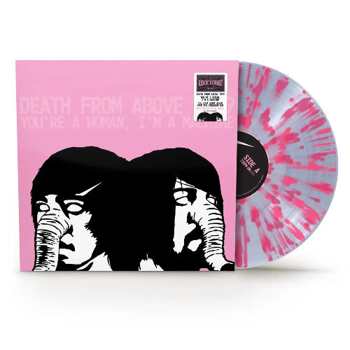 Death From Above 1979 - You're a Woman, I'm A Machine album cover and clear w/ pink splatter vinyl.
