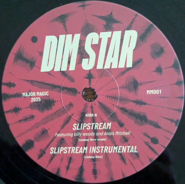 Vinyl record label with 'DIM STAR' branding and track information on a pink and black patterned background.