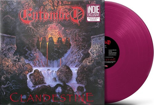 Entombed - Clandestine album cover and purple vinyl.
