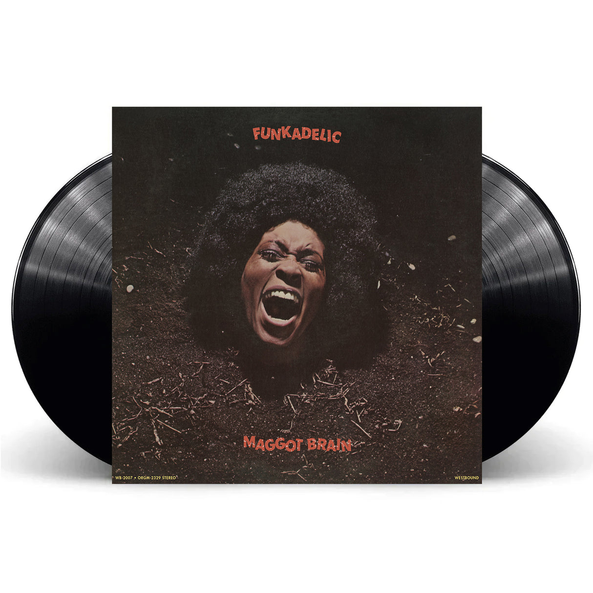 Album cover showing woman screaming surrounded by dirt and text of Funkadelic Maggot Brain, along with two black records