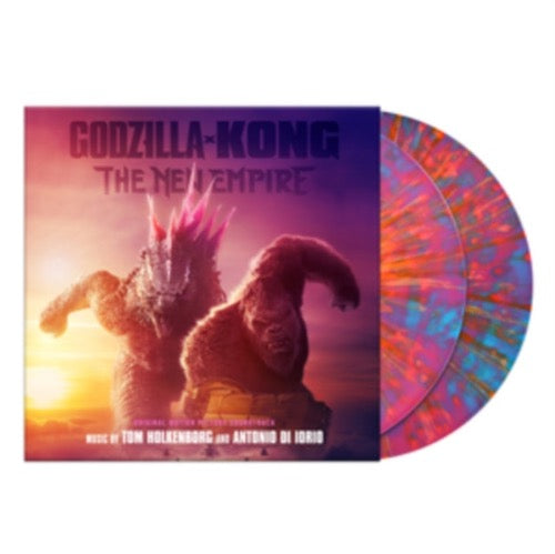 Various Artists - Godzilla x Kong: The New Empire album cover and 2LP pink and blue swirl vinyl.