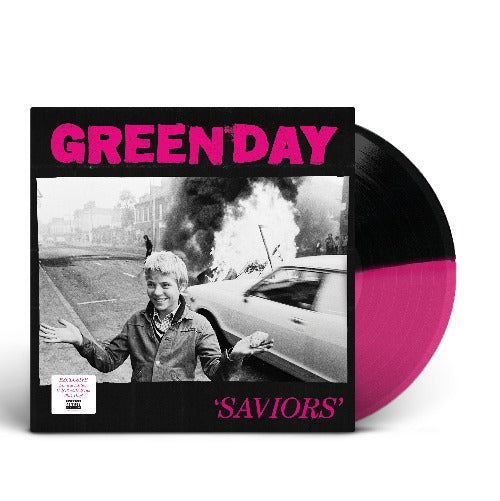 Green Day - Saviors album cover and black/magenta record.