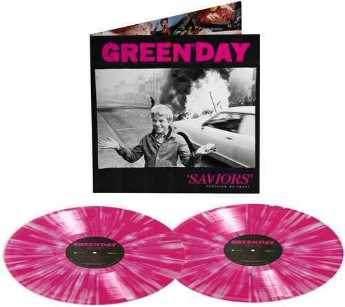 Green Day - Saviors album cover and 2LP hot pink splatter vinyl.