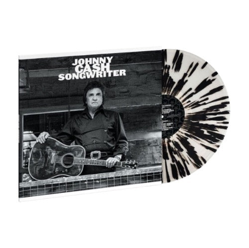 Johnny Cash - Songwriter album cover and black/white splatter vinyl.