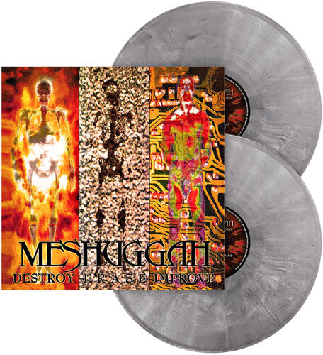 Meshuggah - Destroy Erase Improve album cover and 2LP grey marble vinyl