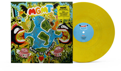 MGMT - Time To Pretend album cover and yellow vinyl.