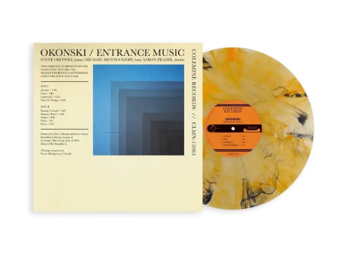 Okonski - Entrance Music album cover and orange / black swirl vinyl.