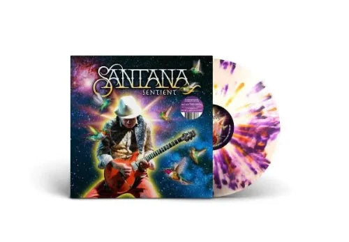 Santana - Sentient album cover and clear w/ purple and orange splatter vinyl.