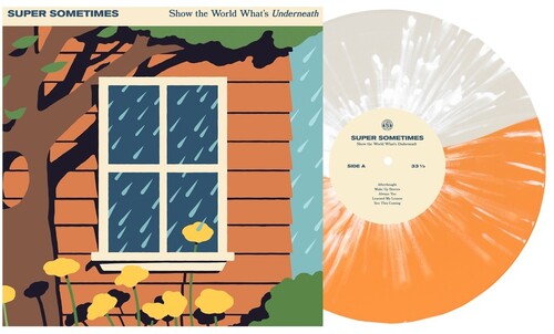 Super Sometimes - Show The World What’s Underneath album cover and white/orange split vinyl with white splatter