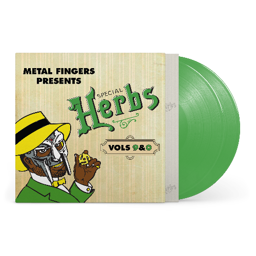 Metal Fingers Presents: Special Herbs Vol. 9 & 0 album cover and 2LP green vinyl.