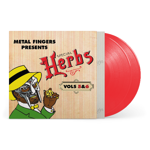 Metal Fingers Presents: Special Herbs Vol. 5 & 6 album cover and 2LP red vinyl.