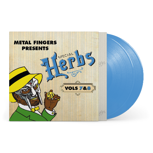 Metal Fingers Presents: Special Herbs Vol. 7 & 8 album cover and 2LP blue vinyl.