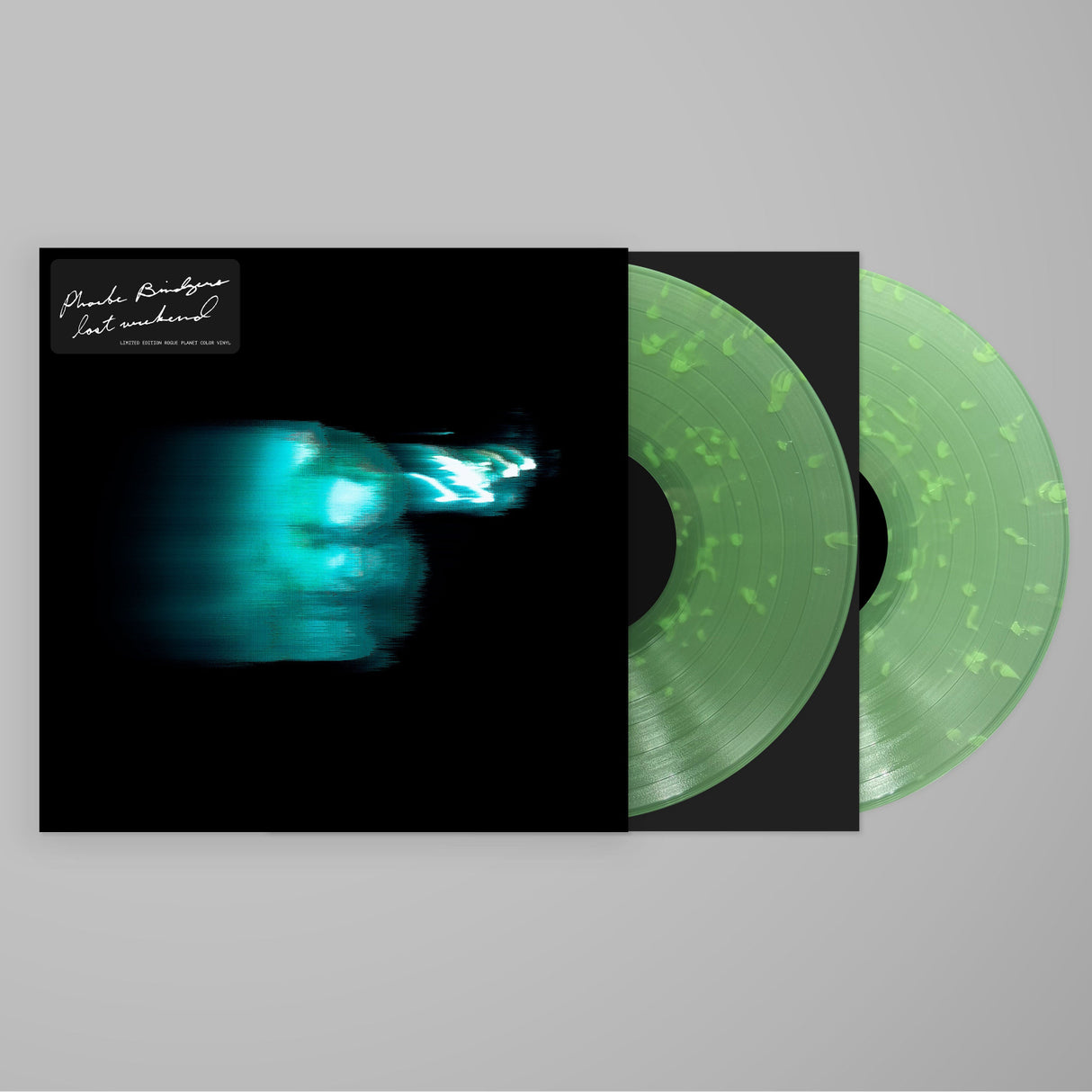 Phoebe Bridgers "Lost Weekend" album cover shown with 2 green splatter vinyl records