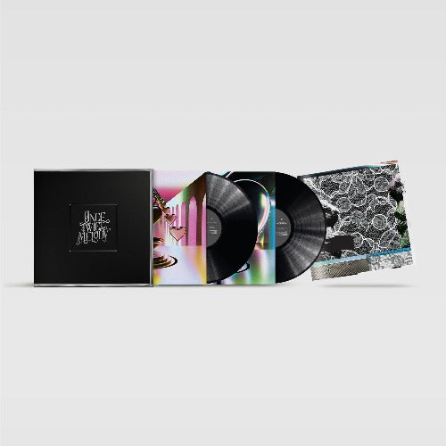 Beach House - Once Twice Melody silver edition album cover, shown with 2 black vinyl records in printed sleeves, with poster