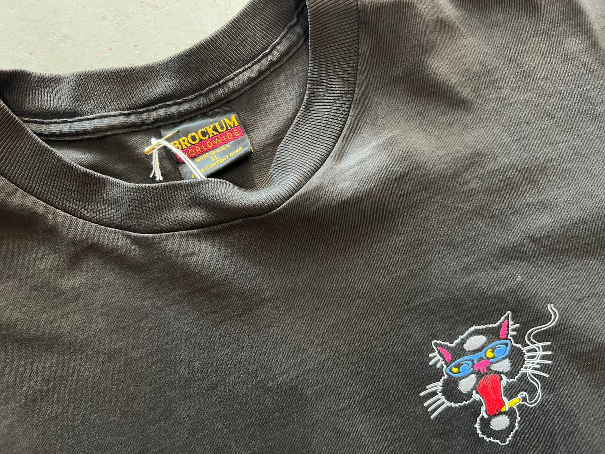 Vintage Blues Traveler Four Tour Faded Black T-Shirt - Close up view of cat on pocket and Brockum Worldwide Made in the U.S.A. XL tag